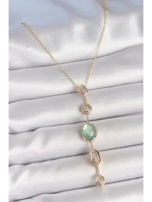 Pirinç Zincir Su Yeşili Gold Renk Zirkon Taşlı Y Kolye