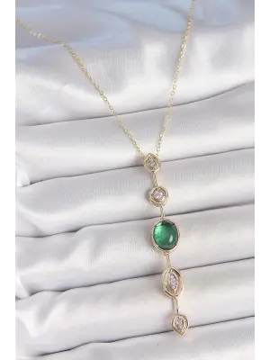Pirinç Zincir Zümrüt Yeşil Gold Renk Zirkon Taşlı Y Kolye