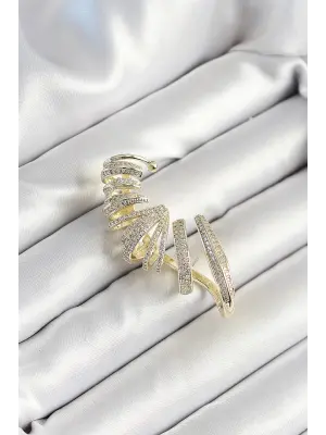 Pirinç Zirkon Taş Kaplamalı Sarmal Figürlü Gold Renk Kadın Sağ Kıkırdak Küpe