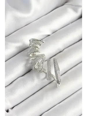 Pirinç Zirkon Taş Kaplamalı Sarmal Figürlü Gümüş Renk Kadın Sağ Kıkırdak Küpe