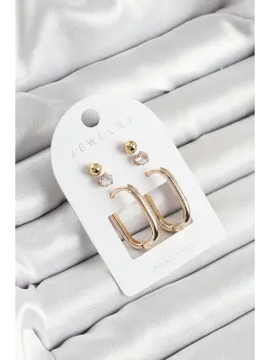 Pirinç Zirkon Taş Ve Dikdörtgen Figürlü Gold Renk 3lü Çift Kadın Küpe Set