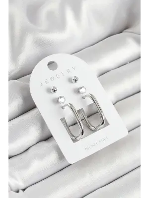 Pirinç Zirkon Taş Ve Dikdörtgen Figürlü Gümüş Renk 3lü Çift Kadın Küpe Set