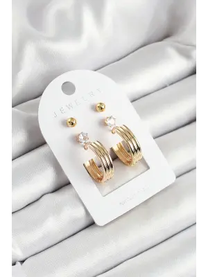 Pirinç Zirkon Taş Ve Halka Figürlü Gold Renk 3lü Çift Kadın Küpe Set