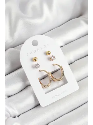 Pirinç Zirkon Taş Ve Halka Figürlü Gold Renk 3lü Çift Kadın Küpe Set