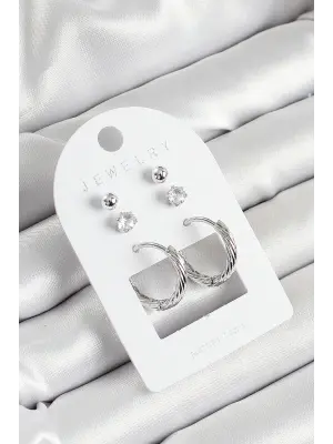 Pirinç Zirkon Taş Ve Halka Figürlü Gümüş Renk 3lü Çift Kadın Küpe Set