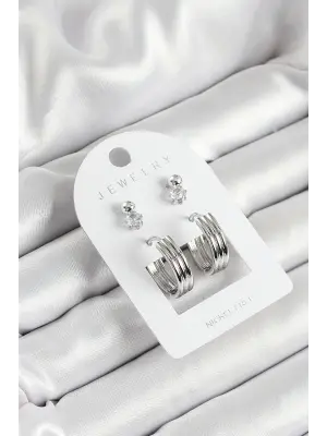 Pirinç Zirkon Taş Ve Halka Figürlü Gümüş Renk 3lü Çift Kadın Küpe Set