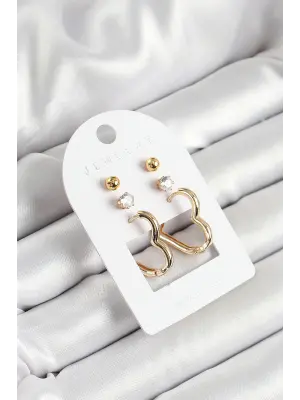 Pirinç Zirkon Taş Ve Kalp Figürlü Gold Renk 3lü Çift Kadın Küpe Set