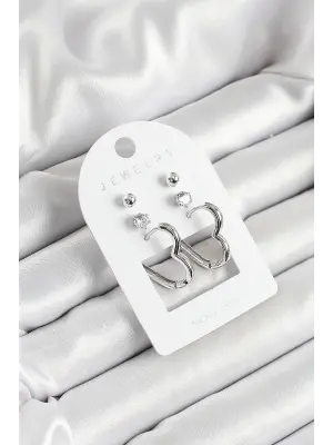 Pirinç Zirkon Taş Ve Kalp Figürlü Gümüş Renk 3lü Çift Kadın Küpe Set