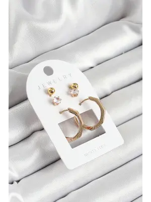 Pirinç Zirkon Taş Ve Kemik Halka Figürlü Gold Renk 3lü Çift Kadın Küpe Set