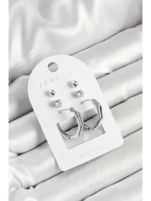 Pirinç Zirkon Taş Ve Kemik Halka Figürlü Gümüş Renk 3lü Çift Kadın Küpe Set