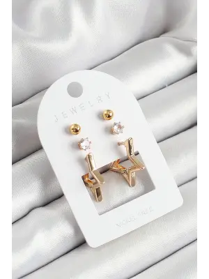 Pirinç Zirkon Taş Ve Yıldız Figürlü Gold Renk 3lü Çift Kadın Küpe Set