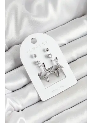 Pirinç Zirkon Taş Ve Yıldız Figürlü Gümüş Renk 3lü Çift Kadın Küpe Set