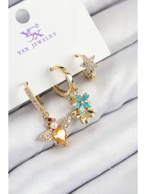 Pirinç Zirkon Taşlı 3lü Arı Ve Çiçek Model Gold Renk Kadın Küpe