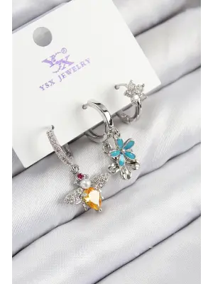 Pirinç Zirkon Taşlı 3lü Arı Ve Çiçek Model Gümüş Renk Kadın Küpe