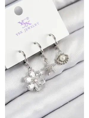 Pirinç Zirkon Taşlı 3lü Çiçek Ve İstiridye Model Gümüş Renk Kadın Küpe