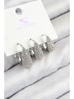 Pirinç Zirkon Taşlı 3lü Damla Model Gümüş Renk Kadın Küpe