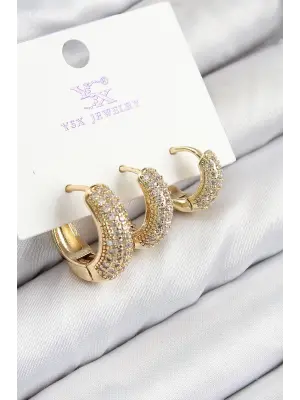 Pirinç Zirkon Taşlı 3lü Halka Model Gold Renk Kadın Küpe