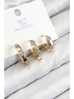 Pirinç Zirkon Taşlı 3lü Halka Model Gold Ve Gümüş Renk Kadın Küpe