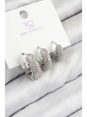 Pirinç Zirkon Taşlı 3lü Halka Model Gümüş Renk Kadın Küpe