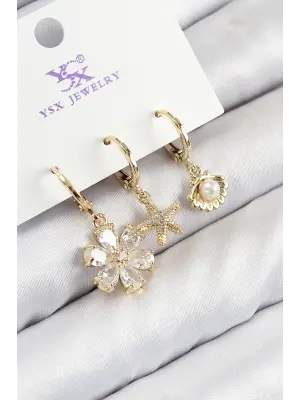 Pirinç Zirkon Taşlı 3lü İstiridye Ve Çiçek Model Gold Renk Kadın Küpe