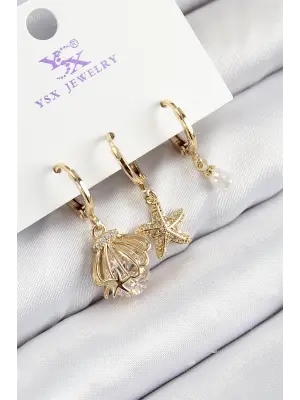 Pirinç Zirkon Taşlı 3lü İstiridye Ve Yıldız Model Gold Renk Kadın Küpe