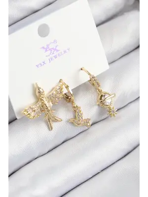 Pirinç Zirkon Taşlı 3lü Kuş Model Gold Renk Kadın Küpe