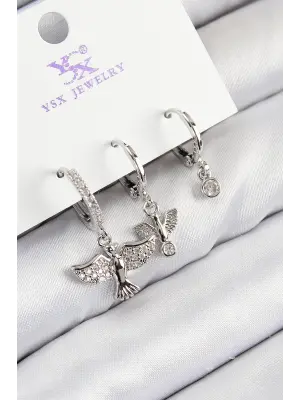 Pirinç Zirkon Taşlı 3lü Kuş Model Gümüş Renk Kadın Küpe