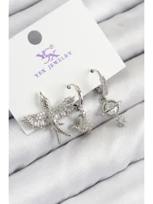 Pirinç Zirkon Taşlı 3lü Kuş Model Gümüş Renk Kadın Küpe