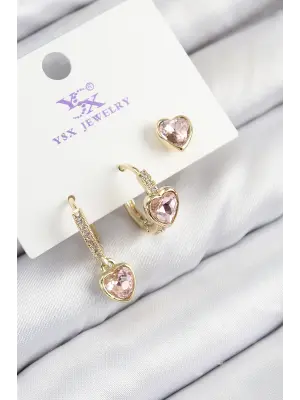 Pirinç Zirkon Taşlı 3lü Pembe Kalp Model Gold Renk Kadın Küpe