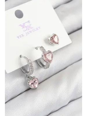 Pirinç Zirkon Taşlı 3lü Pembe Kalp Model Gümüş Renk Kadın Küpe