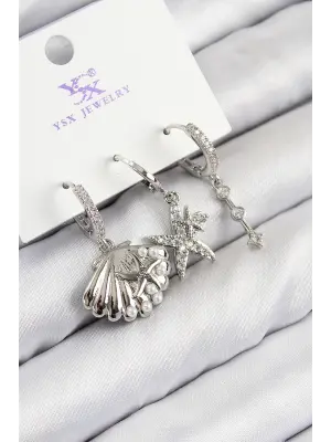 Pirinç Zirkon Taşlı 3lü Yıldız Ve İstiridye Model Gümüş Renk Kadın Küpe