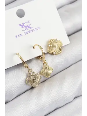 Pirinç Zirkon Taşlı 3lü Yonca Model Gold Renk Kadın Küpe