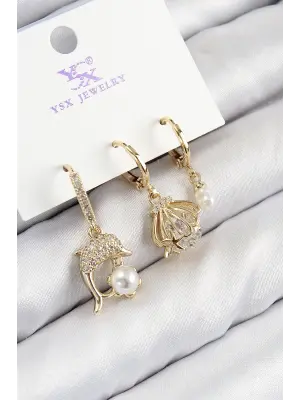 Pirinç Zirkon Taşlı 3lü Yunus Balığı Ve İstiridye Model Gold Renk Kadın Küpe