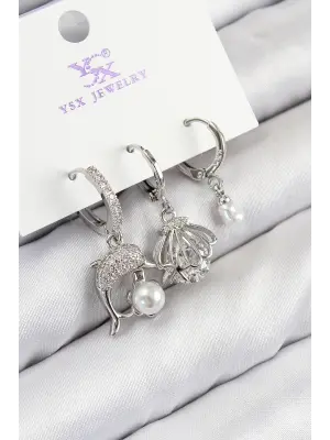 Pirinç Zirkon Taşlı 3lü Yunus Balığı Ve İstiridye Model Gümüş Renk Kadın Küpe