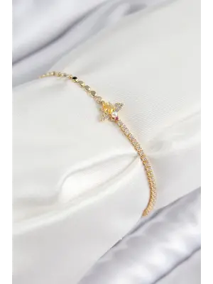 Pirinç Zirkon Taşlı Arı Model Ezme Zincir Gold Renk Kadın Bileklik