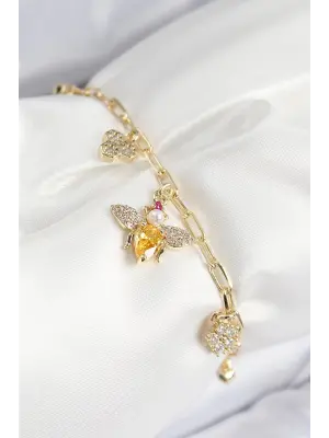 Pirinç Zirkon Taşlı Arı Model Gold Renk Kadın Bileklik