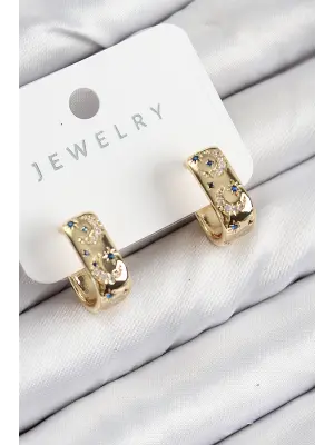 Pirinç Zirkon Taşlı Ay Desenli Model Gold Renk Kadın Küpe