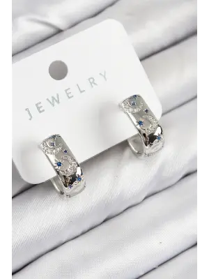 Pirinç Zirkon Taşlı Ay Desenli Model Gümüş Renk Kadın Küpe