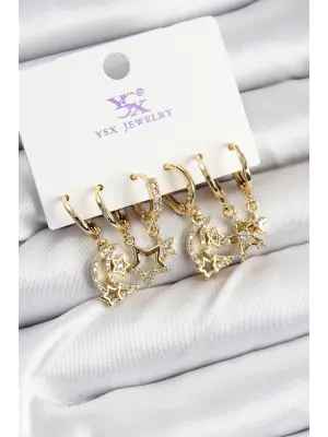 Pirinç Zİrkon Taşlı Ay ve Yıldız Model Gold Renk 3lü Çift Kadın Küpe