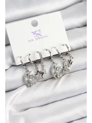 Pirinç Zİrkon Taşlı Ay ve Yıldız Model Gümüş Renk 3lü Çift Kadın Küpe