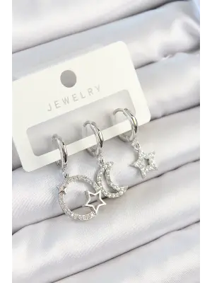 Pirinç Zirkon Taşlı Ay Ve Yıldız Model Gümüş Renk 3lü Çift Kadın Küpe Set