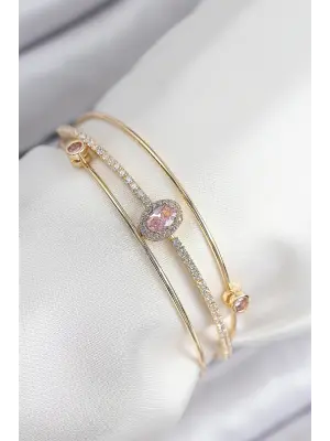Pirinç Zirkon Taşlı Baget Model Gold Renk Kadın Bileklik