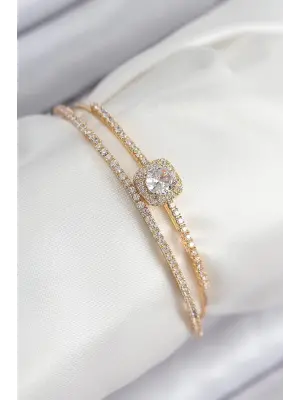 Pirinç Zirkon Taşlı Baget Model Gold Renk Kadın Bileklik