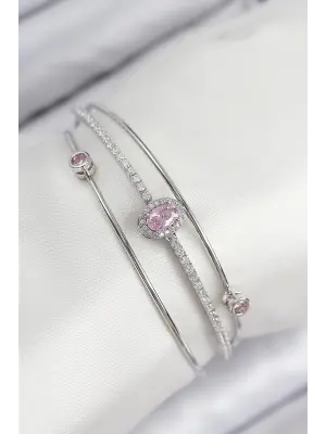 Pirinç Zirkon Taşlı Baget Model Gümüş Renk Kadın Bileklik