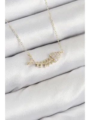 Pirinç Zirkon Taşlı Balık Kılçığı Model Gold Renk Kadın Kolye