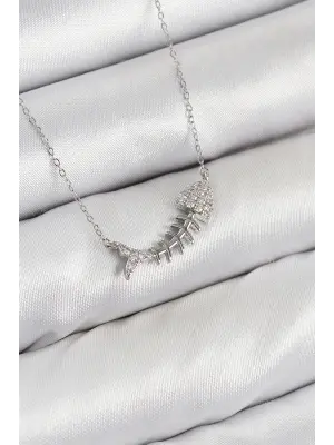 Pirinç Zirkon Taşlı Balık Kılçığı Model Gümüş Renk Kadın Kolye