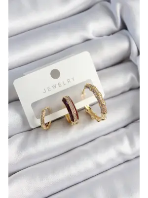 Pirinç Zirkon Taşlı Bordo Halka Model Gold Renk 3lü Çift Kadın Küpe Set