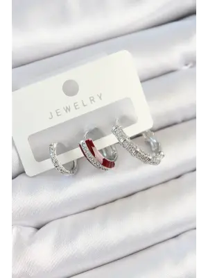 Pirinç Zirkon Taşlı Bordo Pembe Halka Model Gümüş Renk 3lü Çift Kadın Küpe Set