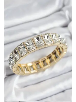 Pirinç Zirkon Taşlı Büyük Dikdörtgen Model Gold Renk Lastikli Kadın Bileklik