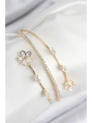 Pirinç Zirkon Taşlı Çiçek Model Gold Renk Kadın Bileklik
